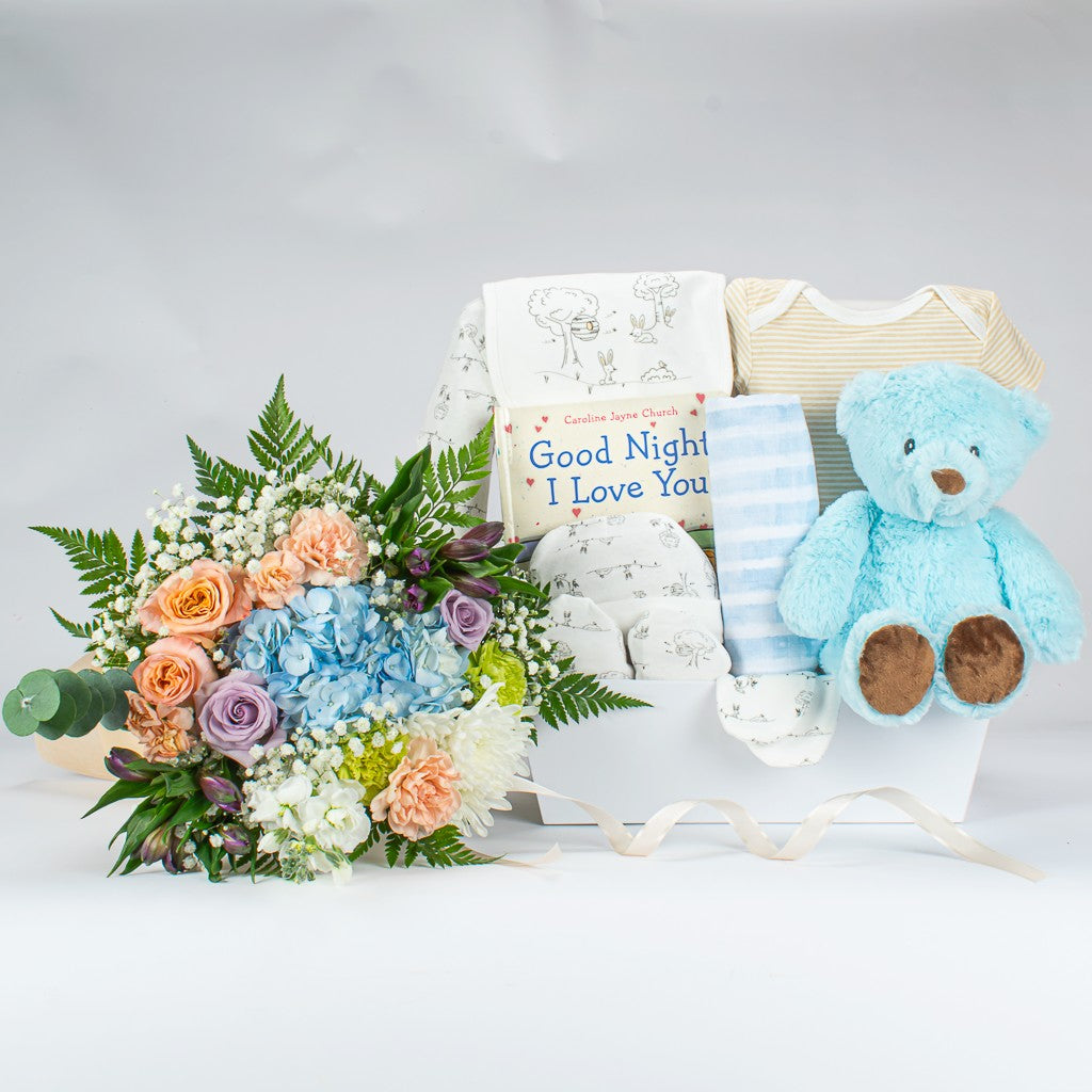 Floral Arrangement With Baby Boy Gift